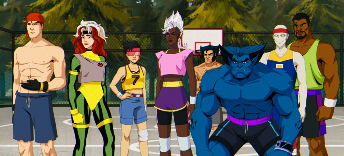 Gambit, Rogue, Jubilee, Storm, Wolverine, Beast, Morph and Bishop stand on a basketball court while wearing '90s sports clothing in X-Men '97.