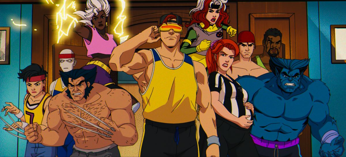 Jubilee, Morph, Storm, Wolverine, Cyclops, Rogue, Jean Grey, Gambit, Bishop and Beast wear '90s sports clothing while in their fighting stances in the doorway of an office in X-Men '97.