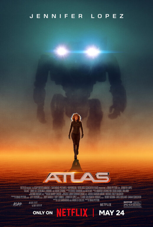 Jennifer Lopez walks forward with a giant mech behind her in the Atlas poster