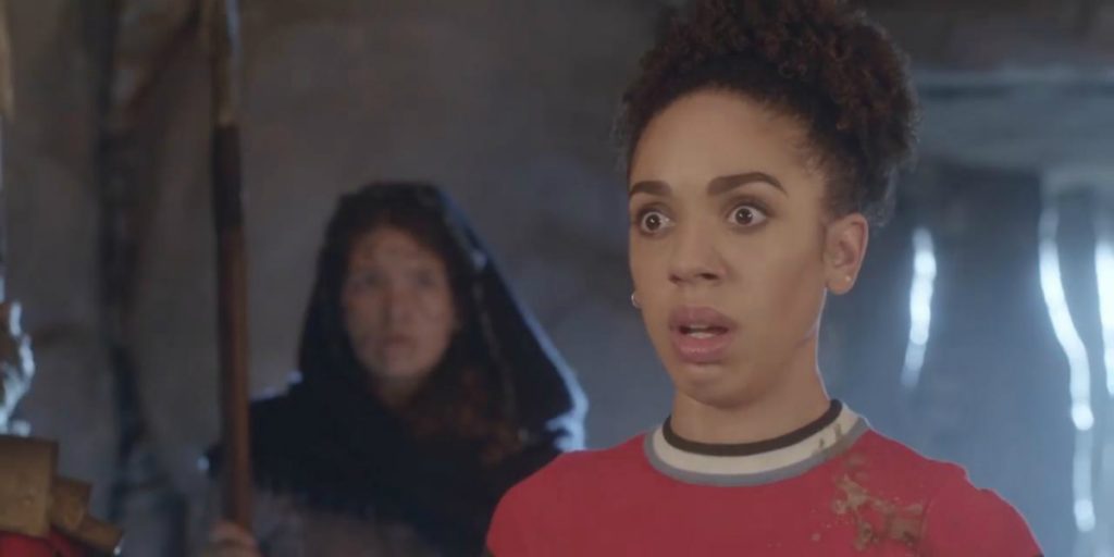 Still of Pearl Mackie as Bill Potts in Doctor Who.