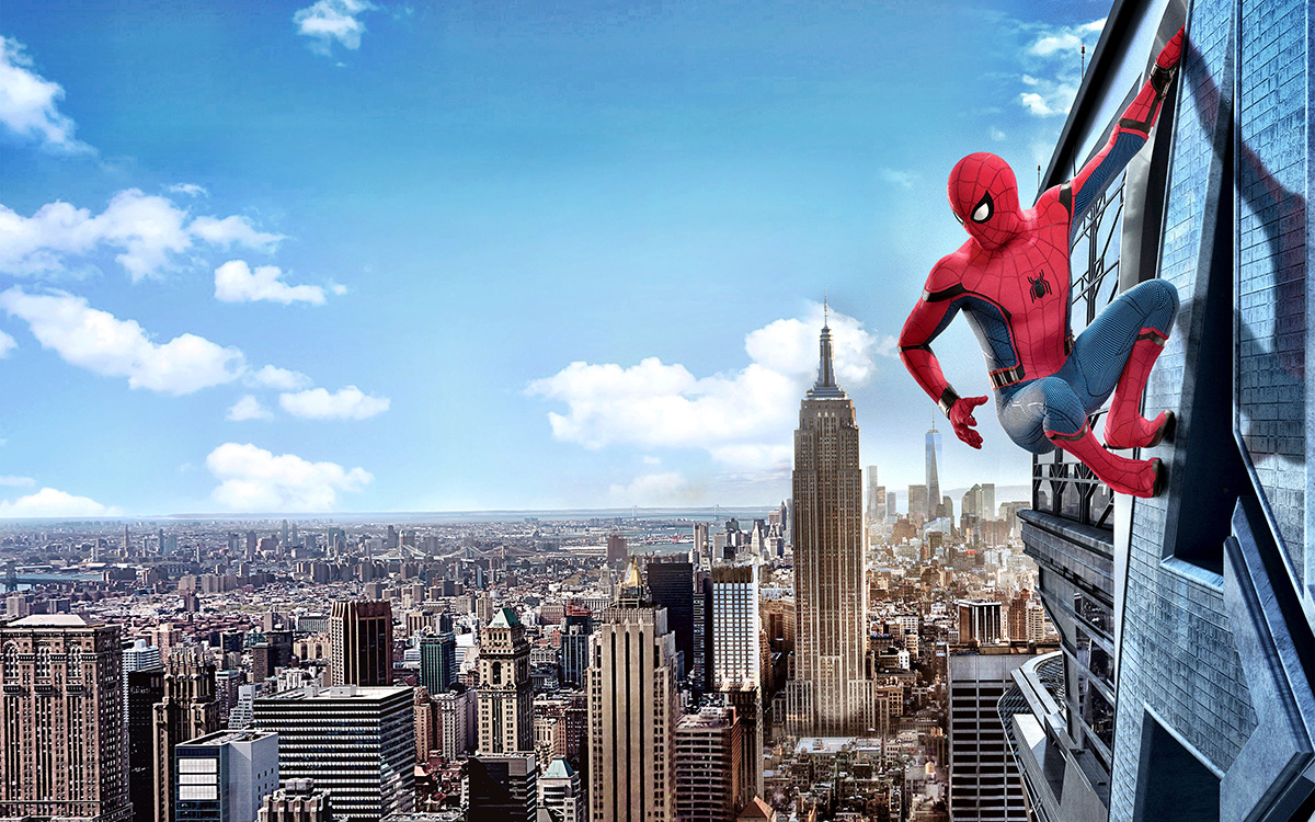 tom holland as spider-man in spider-man: homecoming lookin over New York