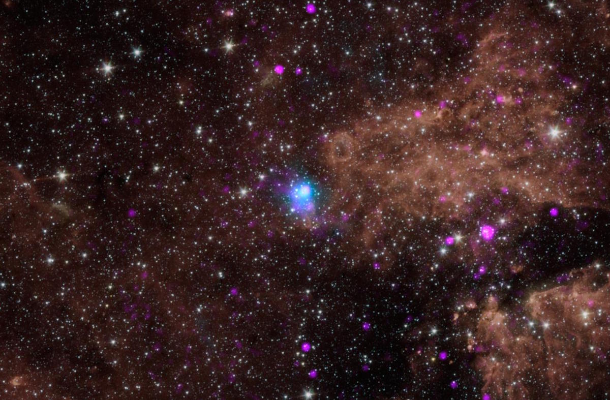 The blue dot in this image marks the spot of an energetic pulsar -- the magnetic, spinning core of star that blew up in a supernova explosion. NASA's NuSTAR discovered the pulsar by identifying its telltale pulse.