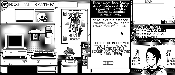 World of Horror game screen showing 1-bit design and mechanics.