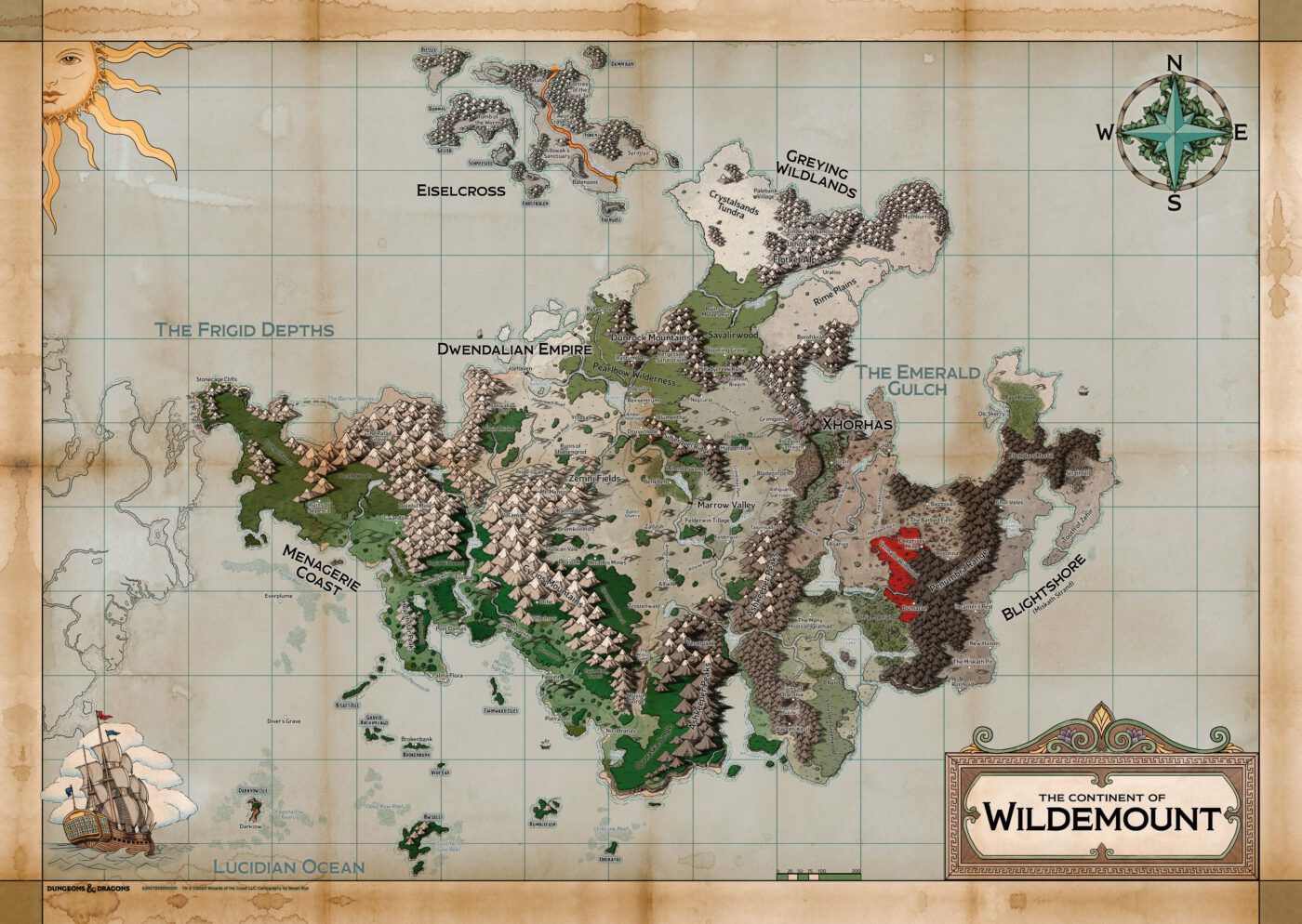 A map of the continent of Wildemount, in the northeastern hemisphere of Exandria.