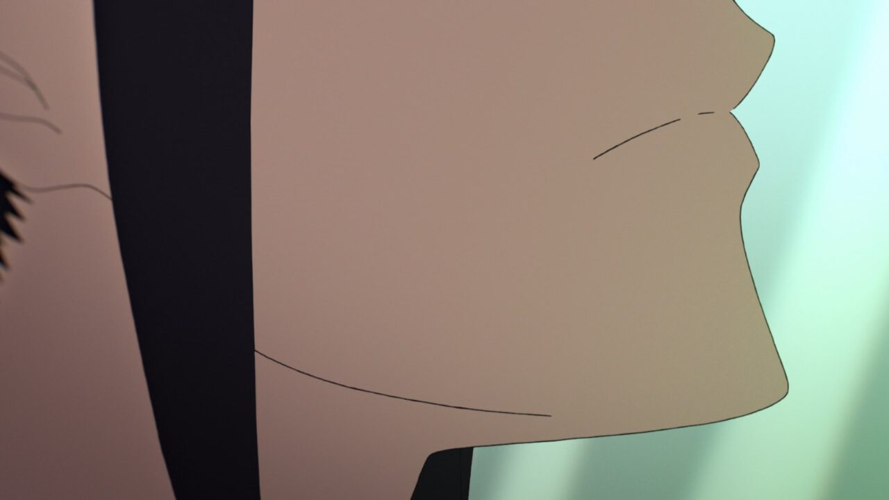 Kaguya's chin, drawn in the "kagenashi" or "shadowless" style. From Kaguya-sama, Love Is War! season 2, episode 4