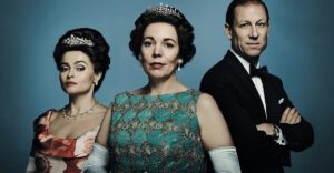 Helena Bonham Carter as Princess Margaret, Olivia Colman as Queen Elizabeth II, and Tobias Menzies as Prince Philip for Netflix's The Crown.