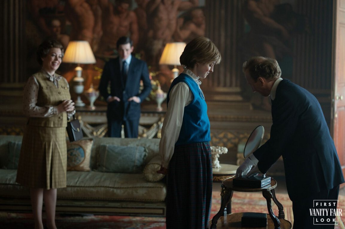 Still of Emma Corrin as Princess Diana in The Crown.