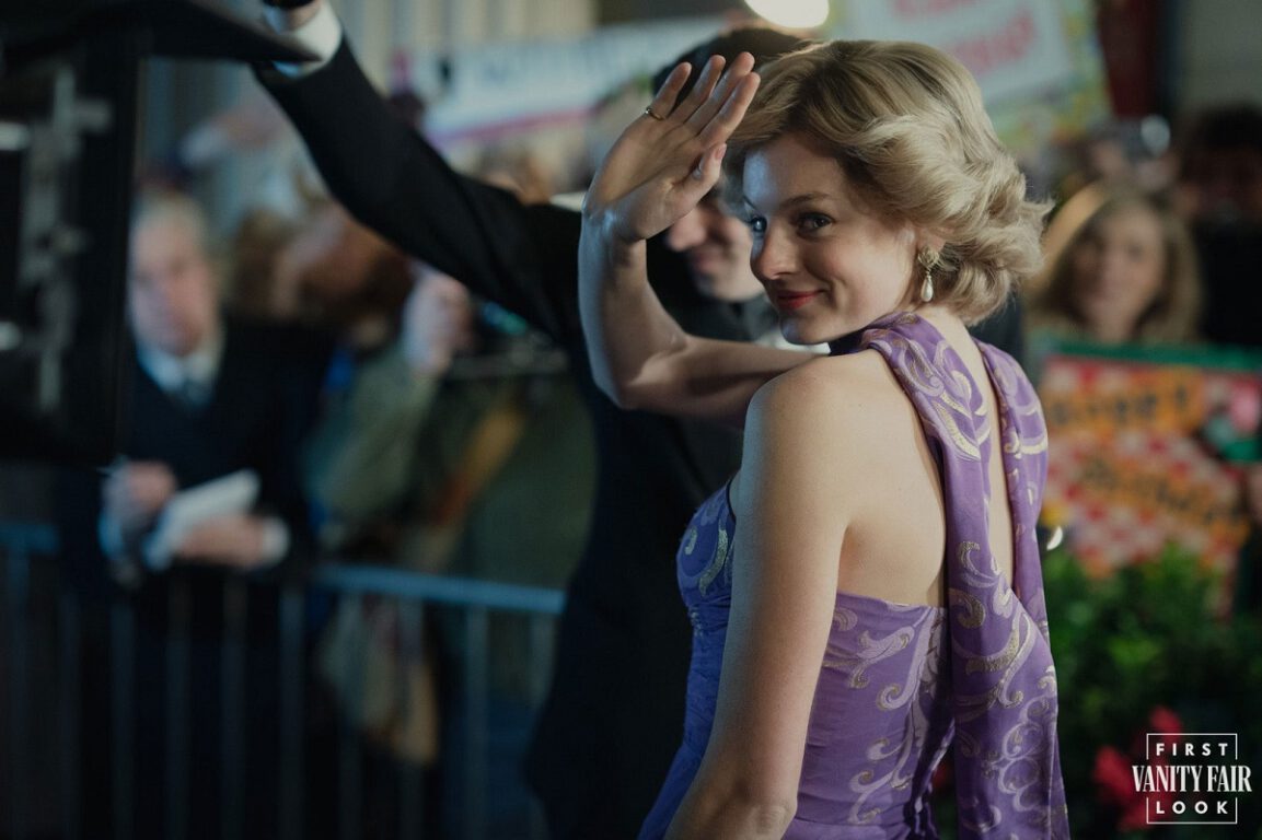 Still of Emma Corrin as Princess Diana in The Crown.