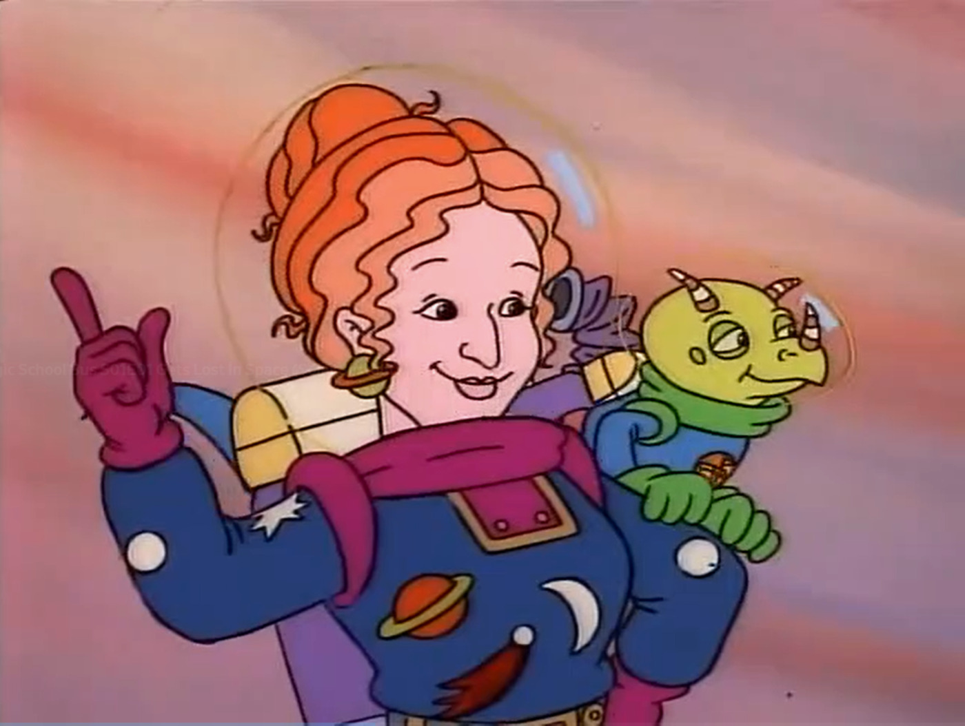 The Magic School Bus's Ms. Frizzle in a space suit with chameleon class pet, Liz.