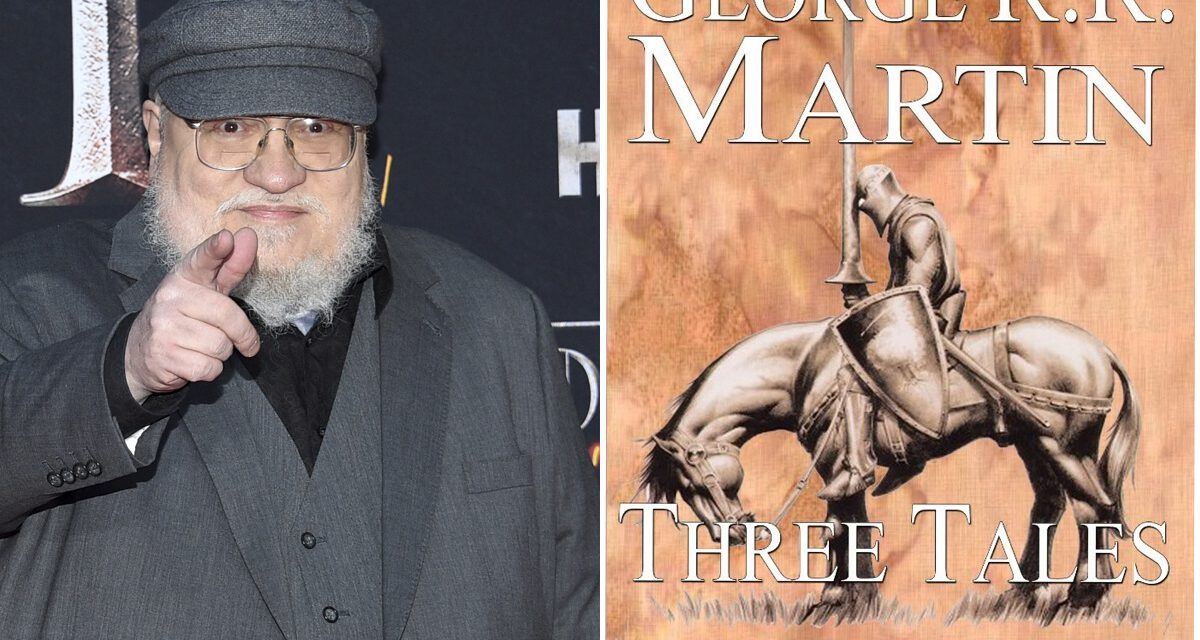 Collage of author George R.R. Martin and Tales of Dunk and Egg novellas cover.