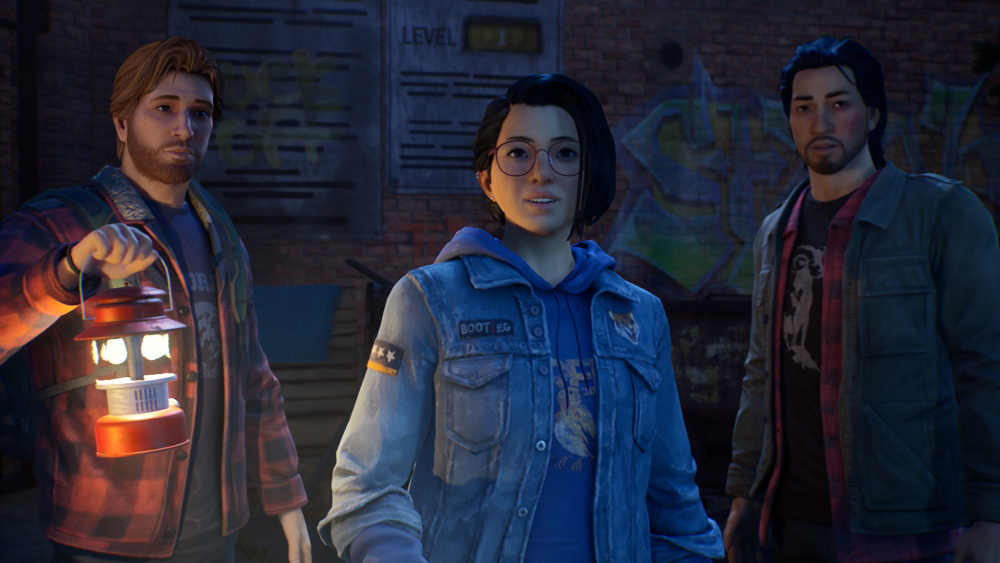 Ryan, Alex and Gabe standing outside of a building together in Life is Strange: True Colors.