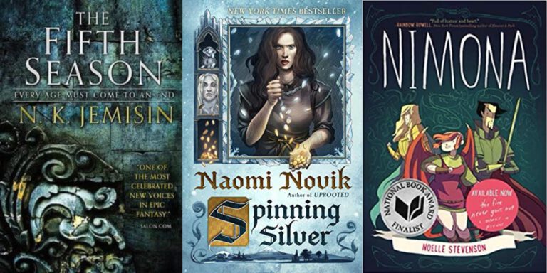 Three covers of books featuring anti-heroines: The Fifth Season, Spinning Silver, and Nimona