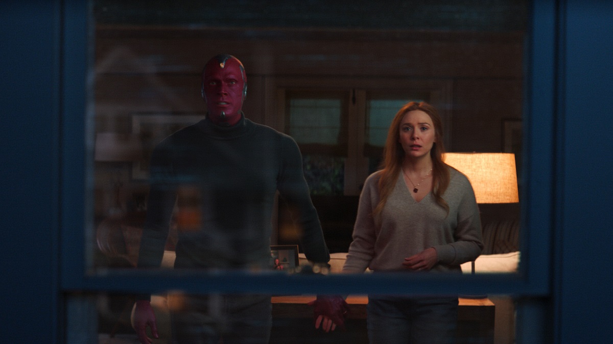 Still of Paul Bettany as Vision and Elizabeth Olsen as Wanda Maximoff in Marvel's WandaVision.