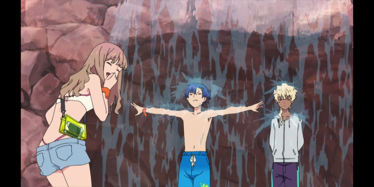 Yume, Yomogi, and Sizumu under a waterfall