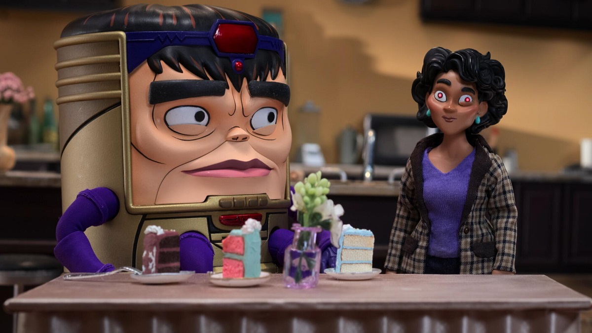 Image of M.O.D.O.K., voiced by Patton Oswalt, and Jodie Tarleton, voiced by Aimee Garcia.