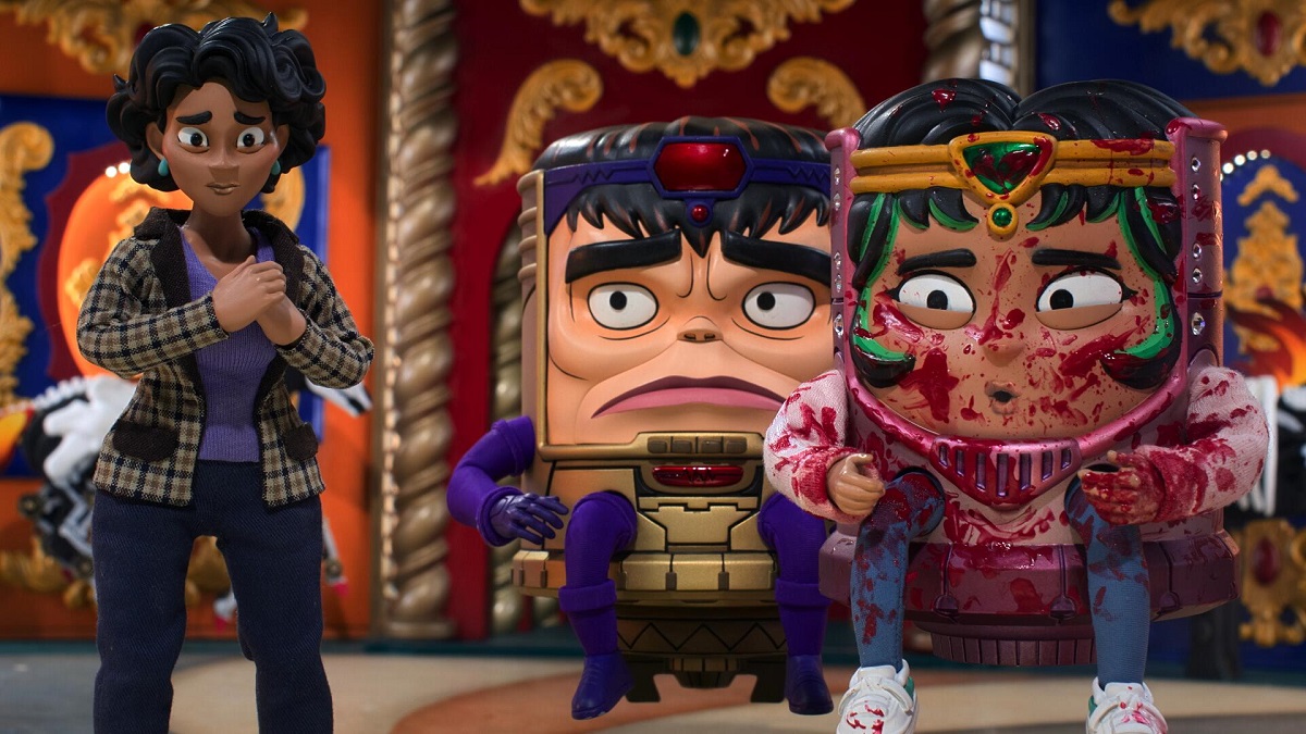 Image of Jodie Tarleton, voiced by Aimee Garcia, M.O.D.O.K., voiced by Patton Oswalt, and Melissa Tarleton, voiced by Melissa Fumero.