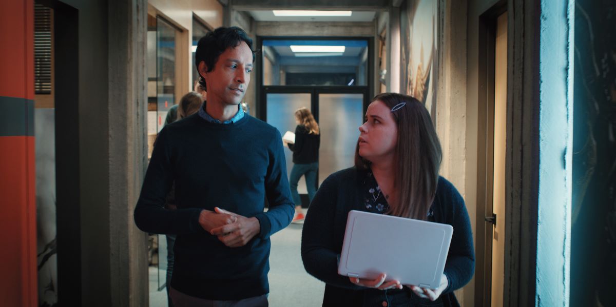 Still of Danny Pudi and Jessie Ennis in Mythic Quest episode "Titans' Rift."
