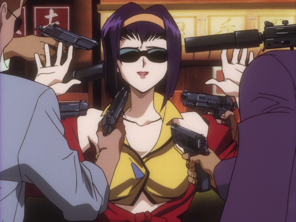 Faye Valentine surrounded by bounty hunters in Cowboy Bebop.
