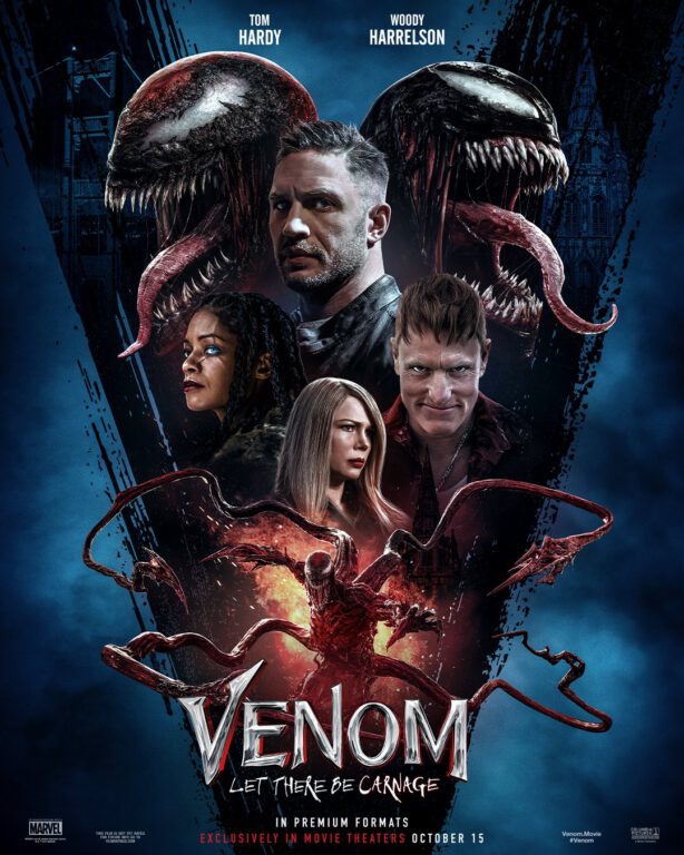 Venom: Let There Be Carnage Poster featuring Tom Hardy, Woody Harrelson, Michelle Williams and Naomie Harris.