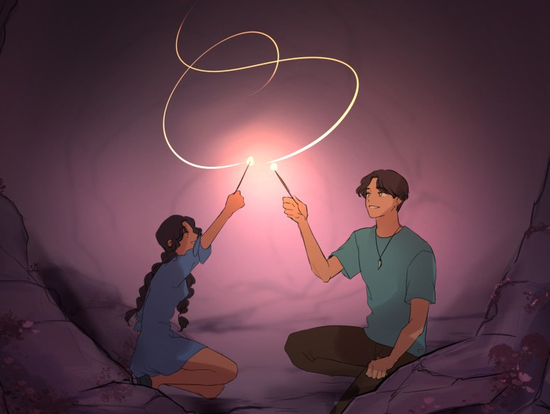 Hela and Rodrigo playing with sparklers in When Jasy Whistles Webtoon series.