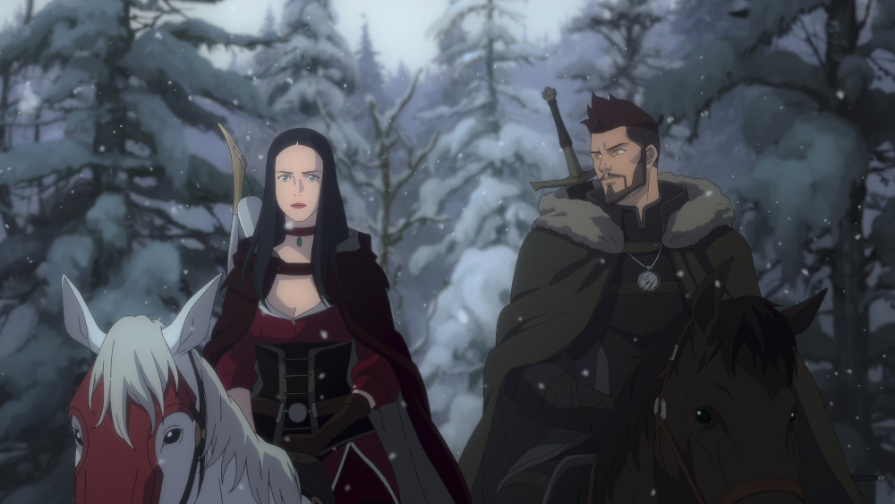 Teetra and Vesemir riding together in The Witcher: Nightmare of the Wolf.