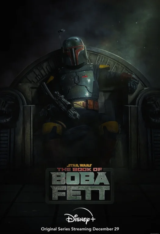 Boba Fett sitting on his underground throne in the poster for The Book of Boba Fett.