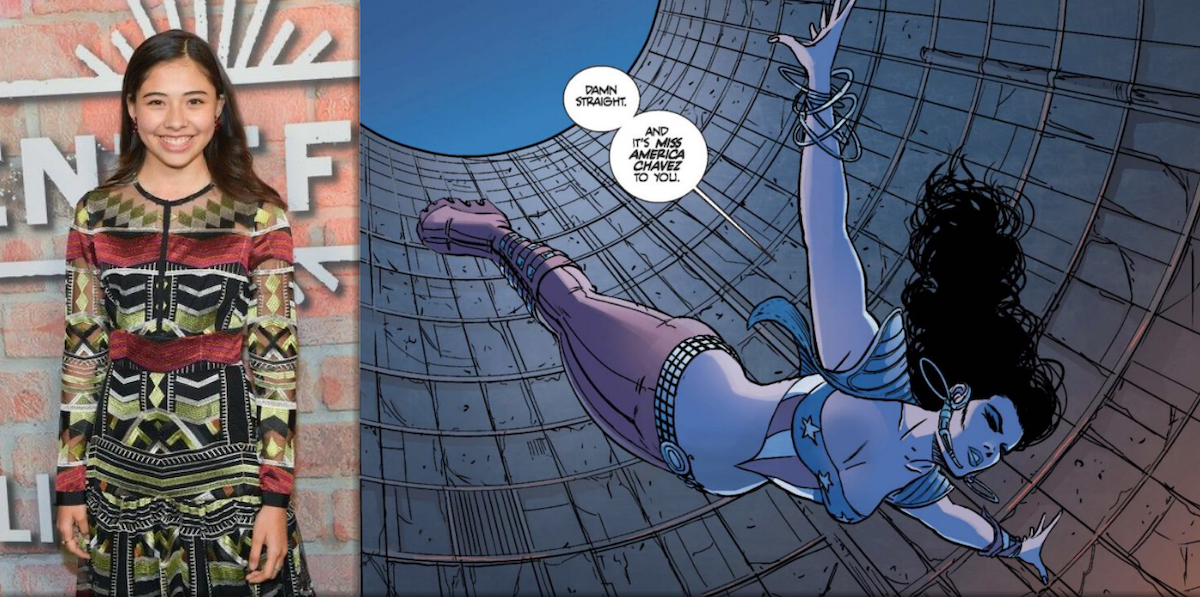 a picture of actress xochitl gomez and a comics panel of America Chavez