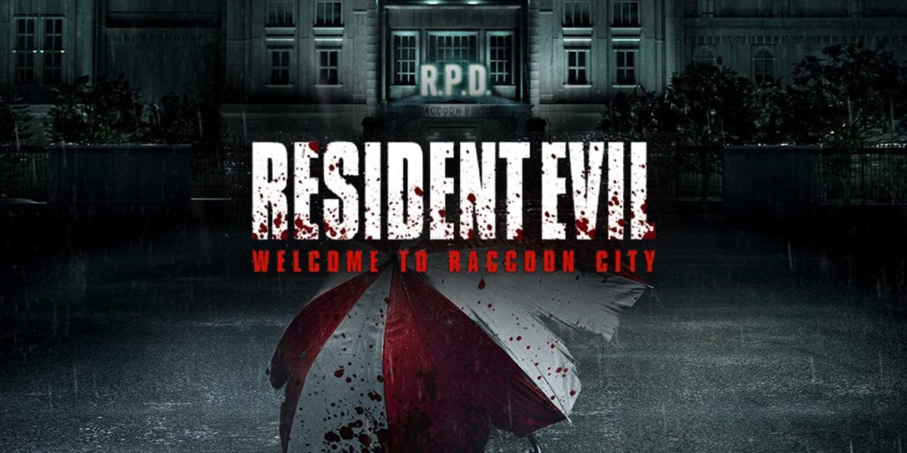 Domestic movie poster featuring an umbrella covered in the Umbrella Corp logo for Resident Evil: Welcome to Raccoon City.