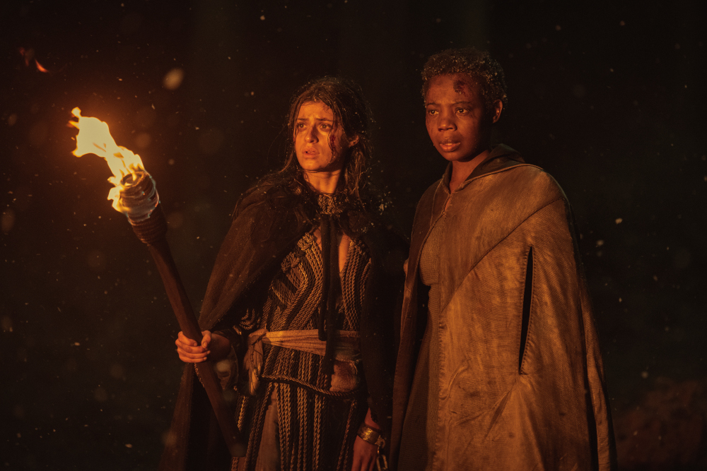 Anya Chalotra as Yennefer and Mimi Ndiweni as Fringilla in The Witcher season two.