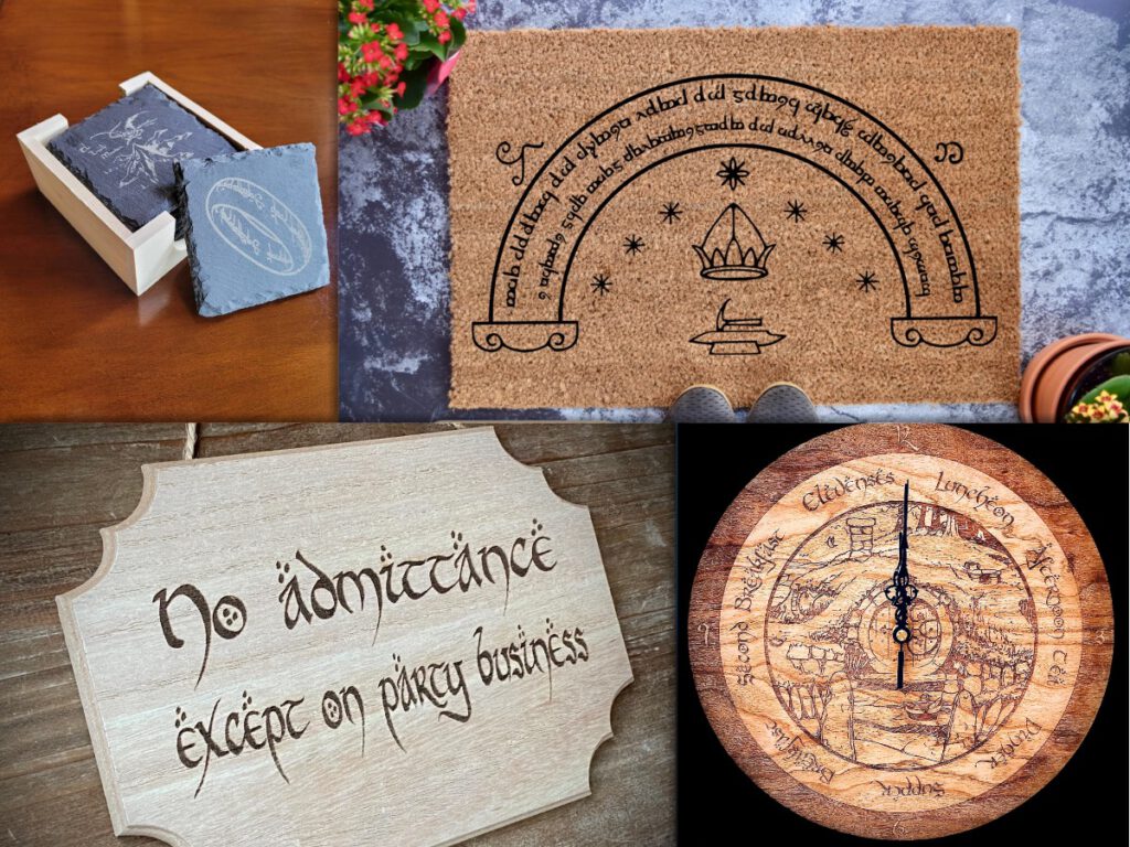 Lord of the Rings Etsy art including slate coasters, a doormat that has Elvish writing and says 'Speak Friend and Enter', a wooden sign that says 'No admittance except on party business in elaborate LOTR script and a wooden 'shire clock' that points to all the meals of the day including Elevenses and Second Breakfast. 