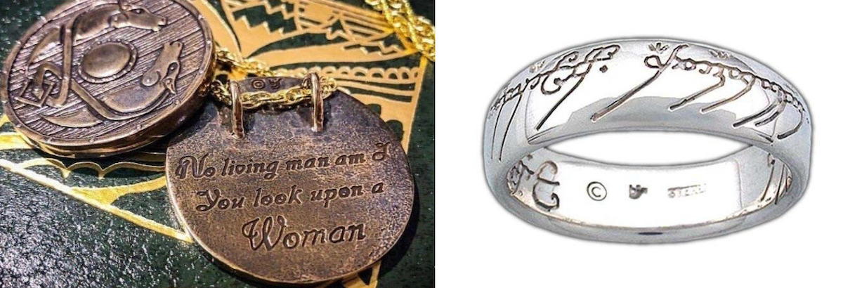Two pieces of jewelry including a round piece which on one side is Eowyn's shield from Lord of the Rings and the other is a silver ring with elvish writing which is the one ring. 