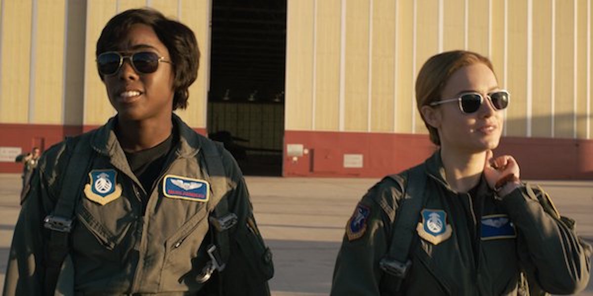 Maria Rambeau walking with Carol Danvers in their flight suite from Captain Marvel
