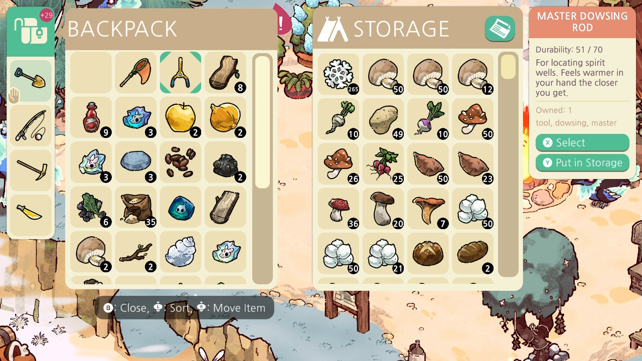 Screenshot of the backpack space in Cozy Grove.