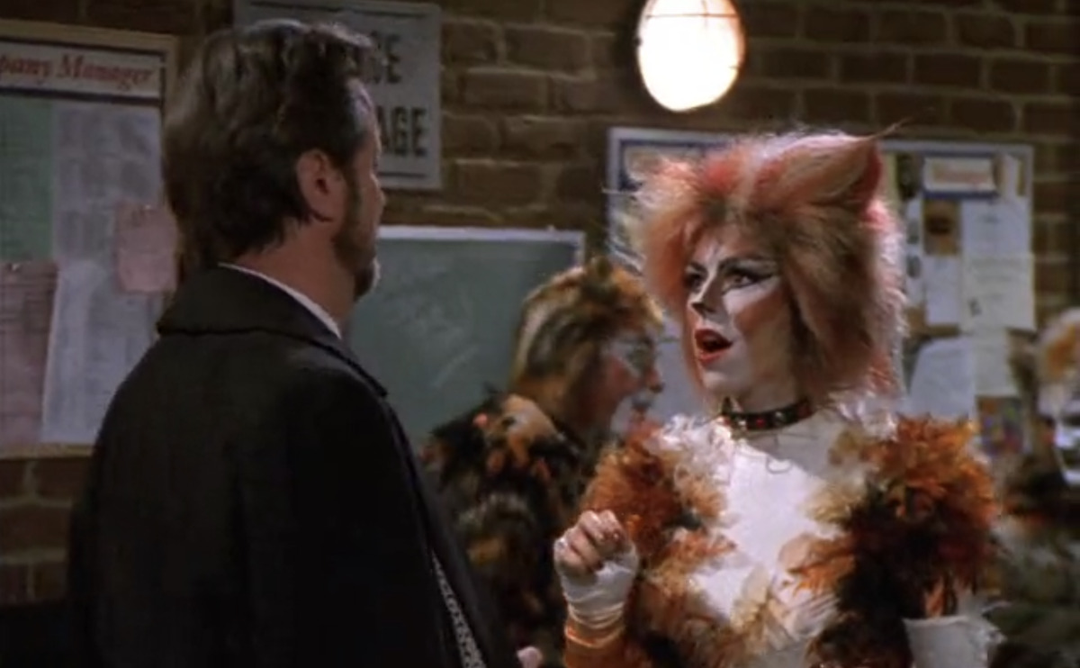 the Caroline in the City character Annie Spadaro backstage in her cats costume