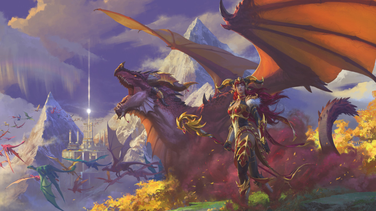 Alexstrasza in her dragon and human form standing side by side outside.