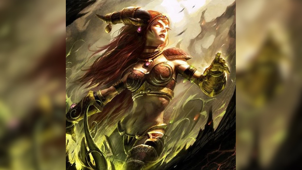 Alexstrasza in her human form standing among fire from the Burning Legion.