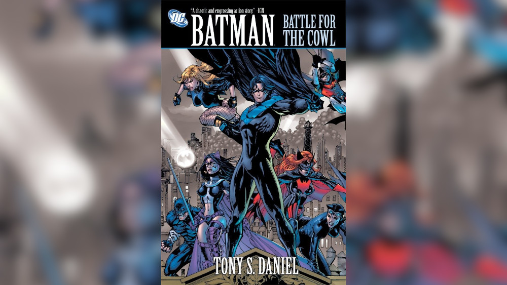 Image of Battle for the Cowl featuring members of the Batman family including Nightwing, Robin, Batwoman, Catwoman, Huntress and others.