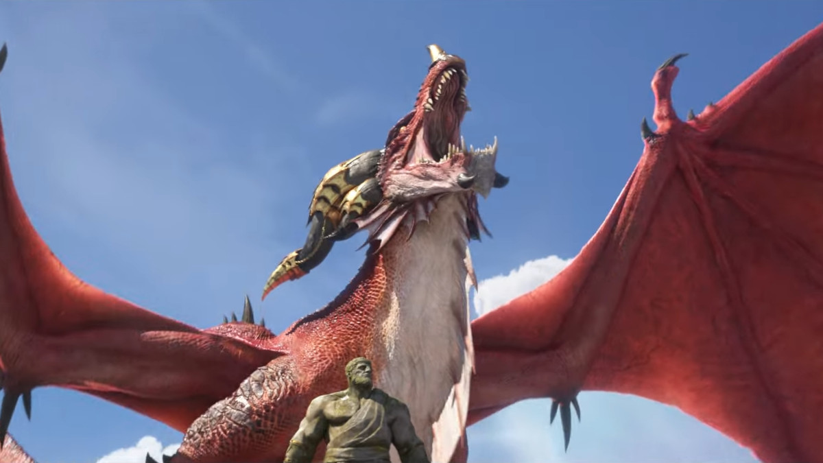 Alexstrasza in her dragon form roaring behind the Titan Watcher.