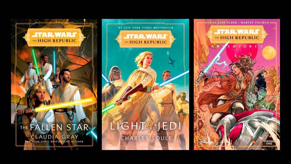 Three covers, all three featuring young Jedi holding lightsabers, poised for action. On left, The Fallen Star, by Claudia Gray. In middle, Light of the Jedi, by Charles Soule. On right, Adventures: Volume 1, by Daniel Jose Older and Harvey Tolibao.