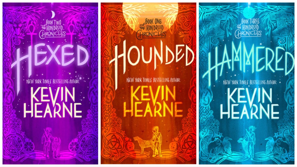 New covers for Hexed, Hounded and Hammered within the Iron Druid Chronicles by Kevin Hearne.