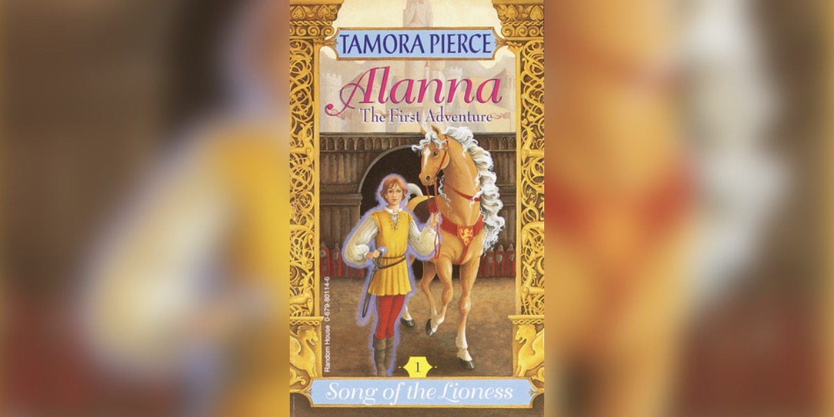 Book cover of Alanna: The First Adventure by Tamora Pierce featuring a girl leading a horse.