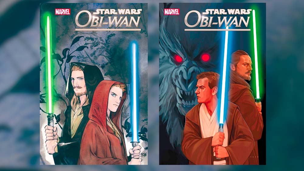 Two graphic novel covers, both featuring Qui-Gon and Obi-Wan, back-to-back with lightsabers in hand. On left, Obi-Wan is a young teenager. On right, Obi-Wan is in his early-twenties. Background on right  is monster with red eyes.