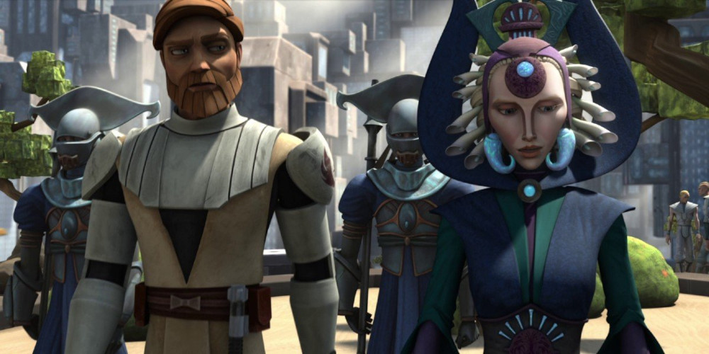 Kenobi and Satine walking together through the streets in Star Wars: The Clone Wars.
