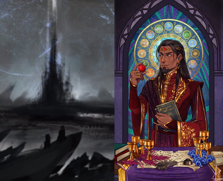 The Shadowfell city of Thar Amphala (left) and the Archmage Halas Lutagran (right) from Critical Role.