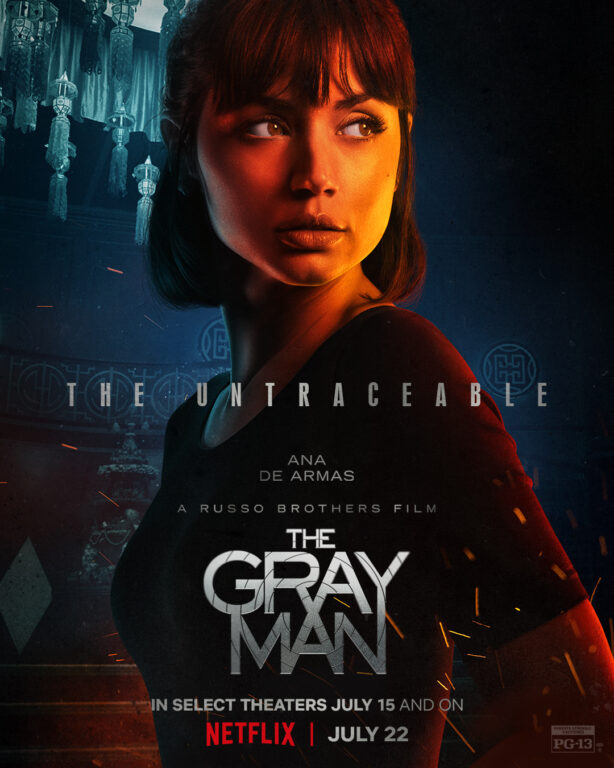 Agent Dani Miranda looking over her shoulder on The Gray Man poster.