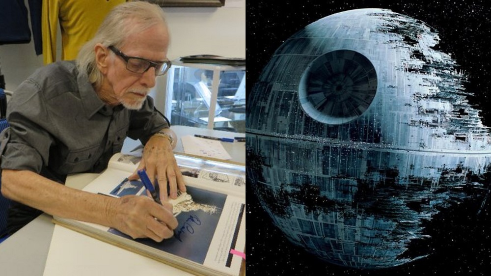 Collage of Star Wars concept artist Colin Cantwell and an image of the Death Star.