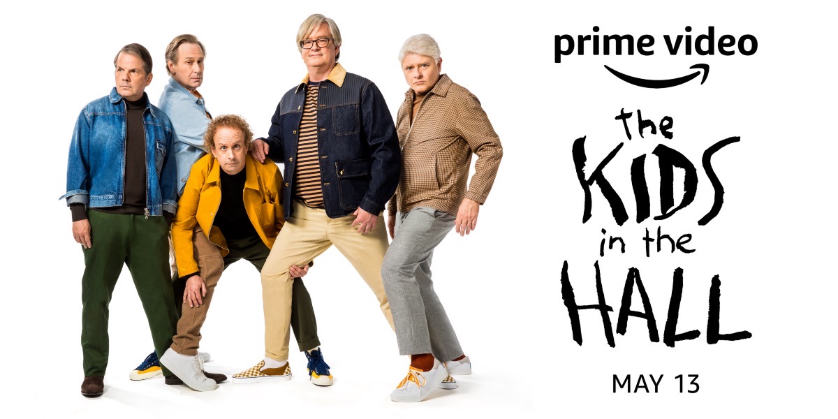 Bruce McCulloch, Scott Thompson, Kevin McDonald, Mark McKinney and Dave Foley on a white background with The Kids in the Hall logo