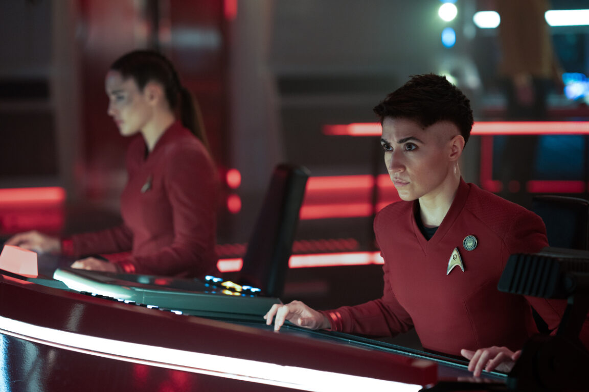 Christine Chong as La'an and Melissa Navia as Ortegas at the helm of the Enterprise.