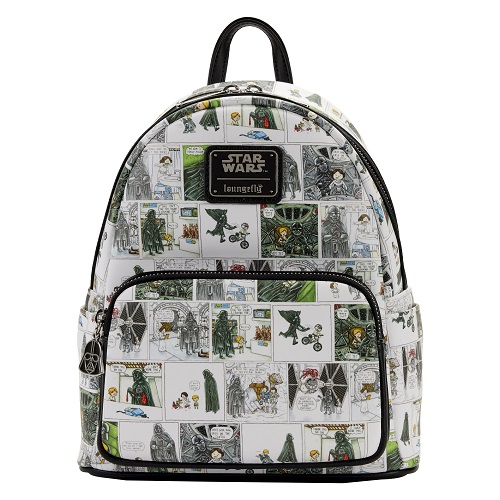 Cartoon panels featuring Darth Vader on a mini-backpack.