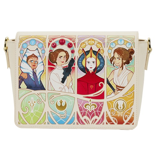 Illustration of Ahsoka Tano, Leia Organa, Padme Amidala and Rey Skywalker on a cross-body bag.